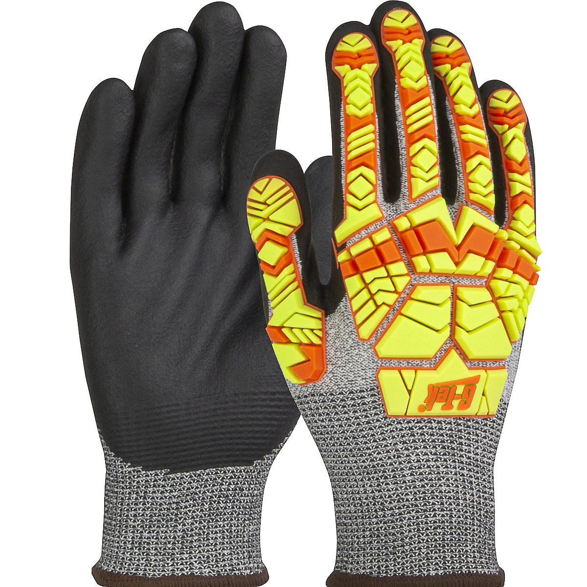 G-Tek® PolyKor®: Seamless Knit PolyKor® Blended Glove with Hi-Vis Impact Protection and Nitrile Foam Grip on Palm & Fingers