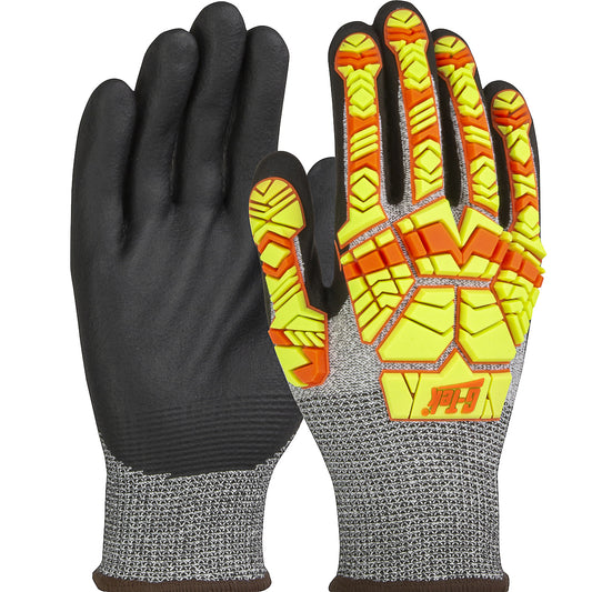 G-Tek® PolyKor®: Seamless Knit PolyKor® Blended Glove with Hi-Vis Impact Protection and Nitrile Foam Grip on Palm & Fingers