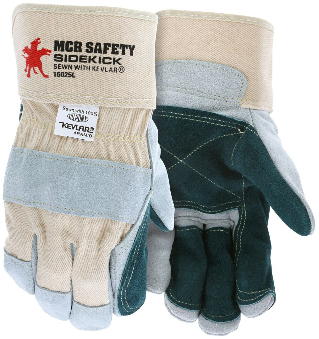 Sidekick Split Cowhide Work Gloves, Double Leather Palm, 3-Finger, Safety Cuff