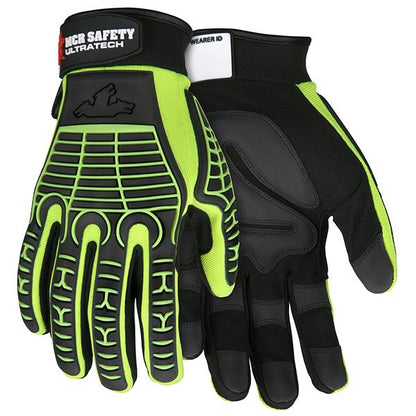 MC502 - MCR Safety UltraTech® Mechanics Gloves - Hi-Visibility Abrasion Resistant Gloves - 2 Way Stretch Hi-Visibility Back - G-shaped Palm Padding and TPR Cage Back