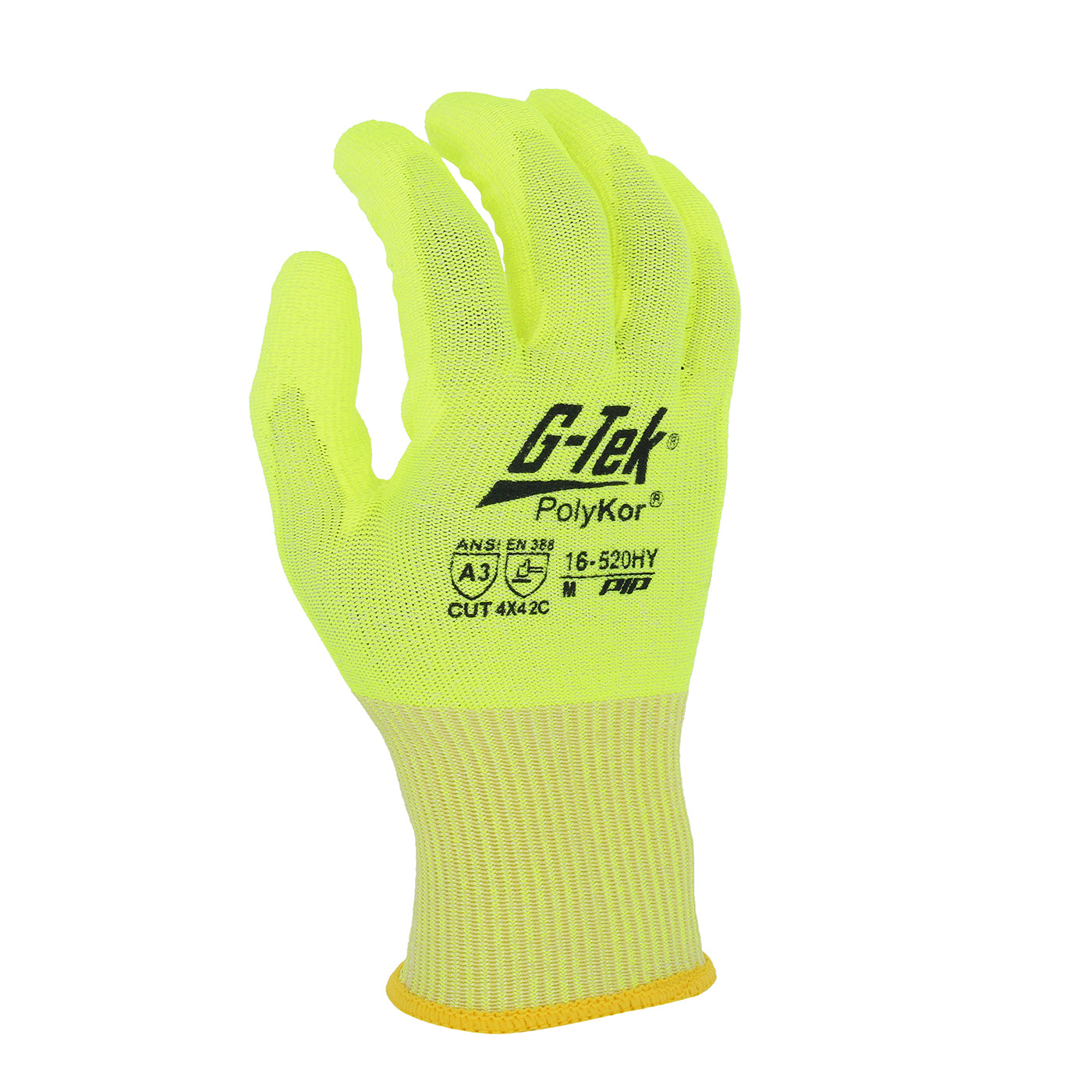 G-Tek® PolyKor®: Hi-Vis Seamless Knit PolyKor® Blended Glove with Polyurethane Coated Flat Grip on Palm & Fingers