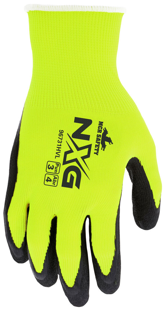 96731HV - MCR Safety NXG® - Hi-Vis Work Gloves - 13 Gauge Hi-Visibility Lime Nylon Polyester Shell - Black Latex Foam Coated Palm and Fingertips - NXG Provides Premium Quality, Comfort and Fit - A Great Choice for Long Workdays