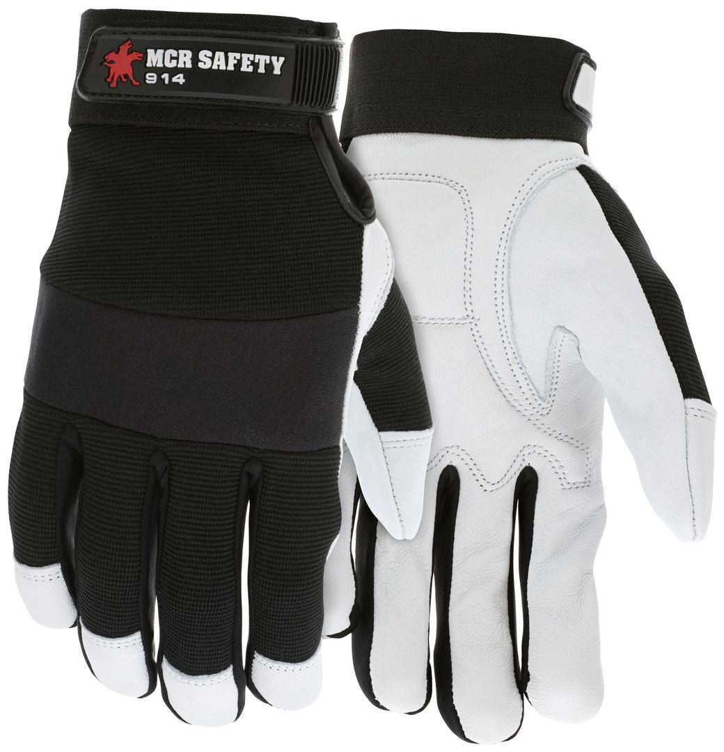 914 - MCR Safety Mechanics Gloves - Premium Grain Goatskin - Padded Palm - Neoprene Knuckle Strap - Spandex Back with Adjustable Hook and Loop Wrist Closures - Goatskin Provides Natural Lanolin that Keep Gloves Soft - Excellent Tensile Strength