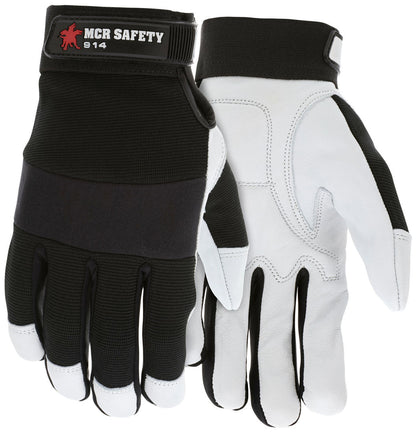 914 - MCR Safety Mechanics Gloves - Premium Grain Goatskin - Padded Palm - Neoprene Knuckle Strap - Spandex Back with Adjustable Hook and Loop Wrist Closures - Goatskin Provides Natural Lanolin that Keep Gloves Soft - Excellent Tensile Strength