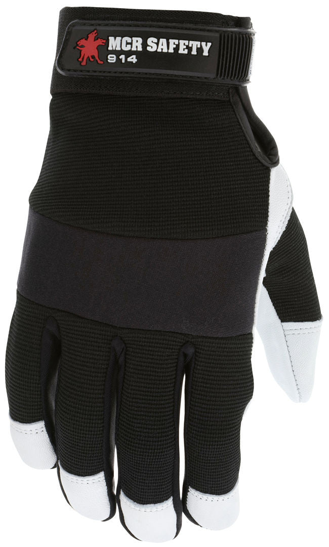 914 - MCR Safety Mechanics Gloves - Premium Grain Goatskin - Padded Palm - Neoprene Knuckle Strap - Spandex Back with Adjustable Hook and Loop Wrist Closures - Goatskin Provides Natural Lanolin that Keep Gloves Soft - Excellent Tensile Strength