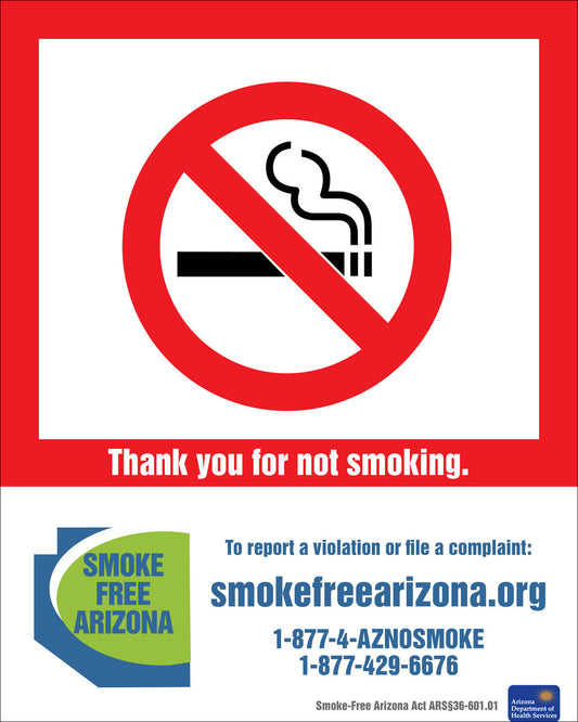 ZING No Smoking Decal, Arizona, 5"Wx7"H, 2-Pk - 1844D