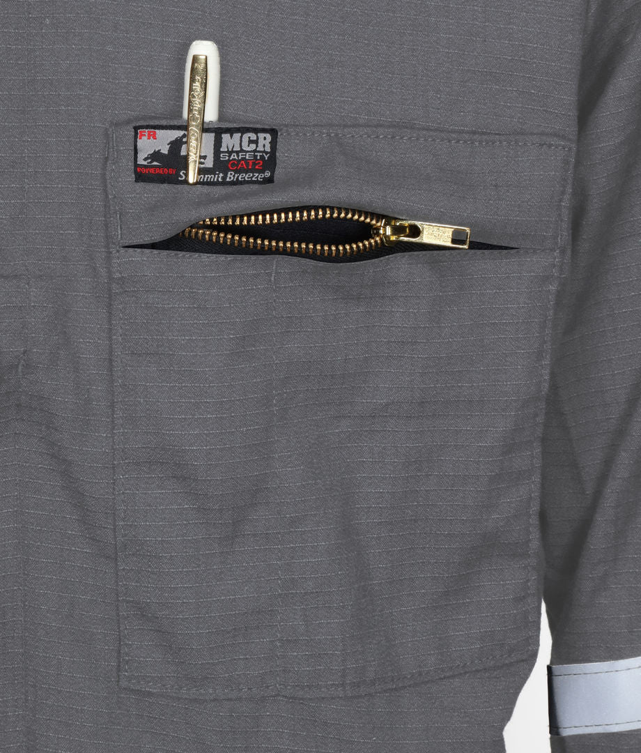 MCR Safety SBC1011 - Summit Breeze® Flame Resistant (FR) Coverall - Gray 5.5-ounce Inherent Blend Material - Long Sleeve with Vented Underarms and Back - 1 Inch Silver Reflective FR Stripes - CAT2 - ASTM F1930 Tested - Less Than 8% Body Burn — manufacturer image 10