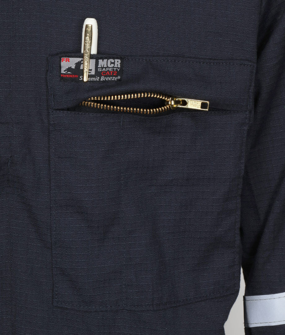 MCR Safety SBC1012 - Summit Breeze® Flame Resistant (FR) Coverall Navy 5.5-ounce Inherent Blend Material - Long Sleeve with Vented Underarms and Back - 1 Inch Silver FR Reflective Stripes - CAT2 - ASTM F1930 Tested - Less Than 8% Body Burn — manufacturer image 9