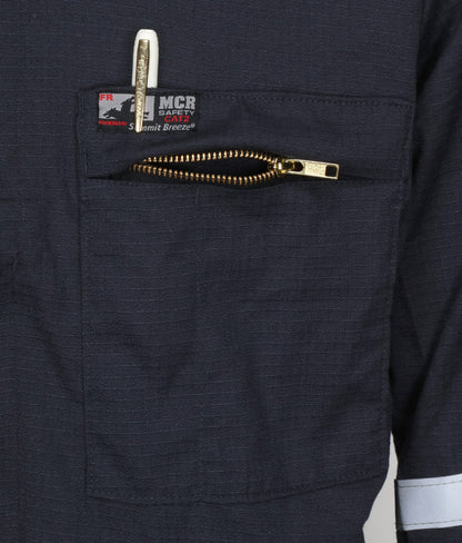 MCR Safety SBC1012 - Summit Breeze® Flame Resistant (FR) Coverall Navy 5.5-ounce Inherent Blend Material - Long Sleeve with Vented Underarms and Back - 1 Inch Silver FR Reflective Stripes - CAT2 - ASTM F1930 Tested - Less Than 8% Body Burn — manufacturer image 9