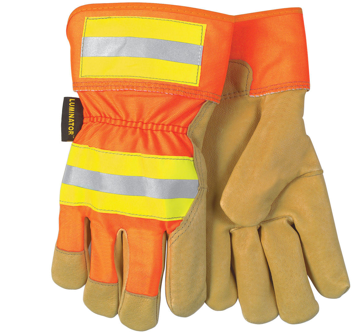 Luminator Hi-Visibility Pigskin Leather Palm Gloves, Fleece Lined, Plasticized Safety Cuff