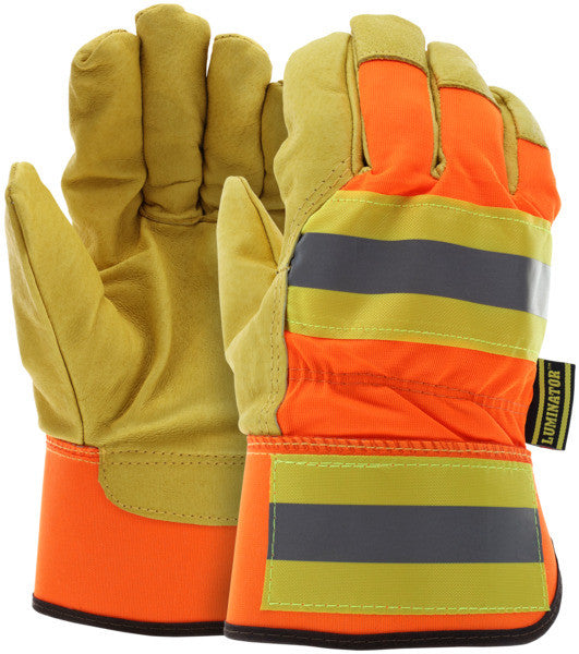 Luminator Insulated Pigskin Leather Palm Gloves, Hi-Vis Back, Rubberized Safety Cuff