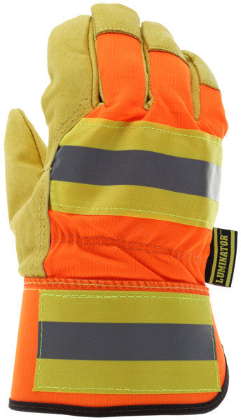 Luminator Insulated Pigskin Leather Palm Gloves, Hi-Vis Back, Rubberized Safety Cuff