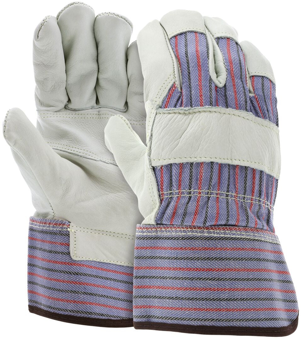 Grain Cowhide Leather Palm Work Gloves, Wing Thumb, Rubberized Safety Cuff