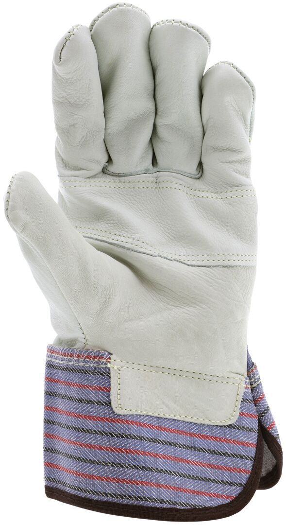 Grain Cowhide Leather Palm Work Gloves, Wing Thumb, Rubberized Safety Cuff