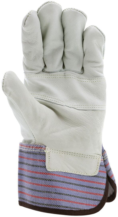 Grain Cowhide Leather Palm Work Gloves, Wing Thumb, Rubberized Safety Cuff