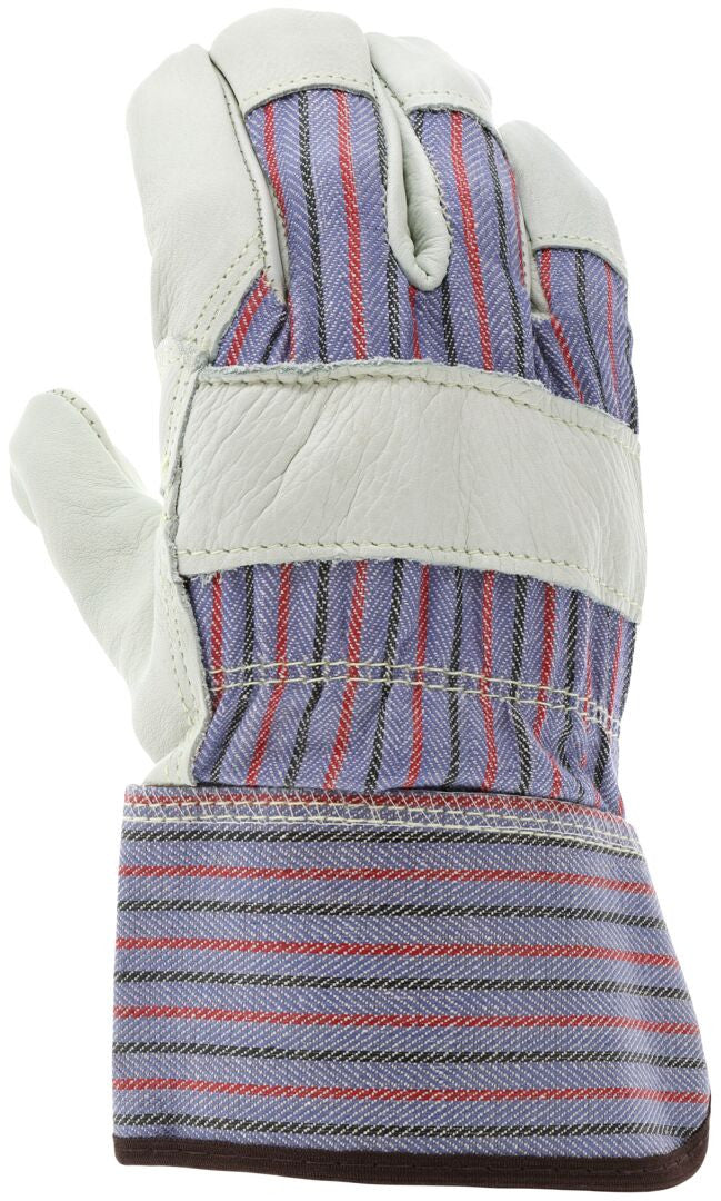 Grain Cowhide Leather Palm Work Gloves, Wing Thumb, Rubberized Safety Cuff