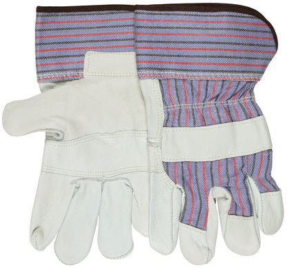 Grain Cowhide Leather Palm Work Gloves, Wing Thumb, Rubberized Safety Cuff