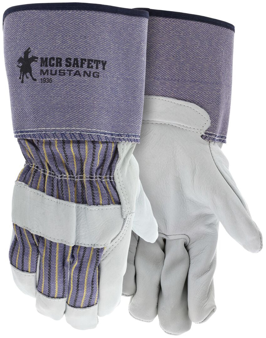 Mustang Grain Cowhide Leather Palm Gloves, Rubberized Gauntlet Cuff
