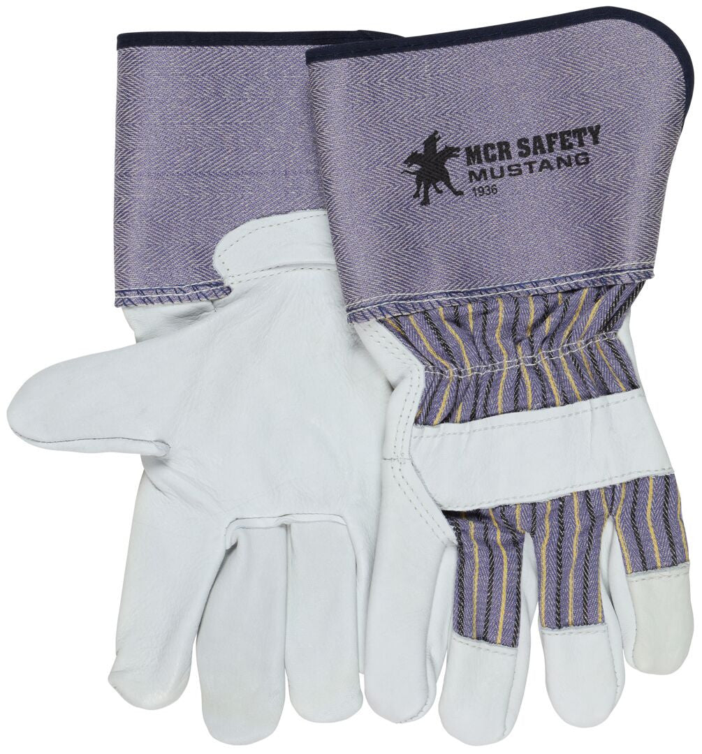 Mustang Grain Cowhide Leather Palm Gloves, Rubberized Gauntlet Cuff
