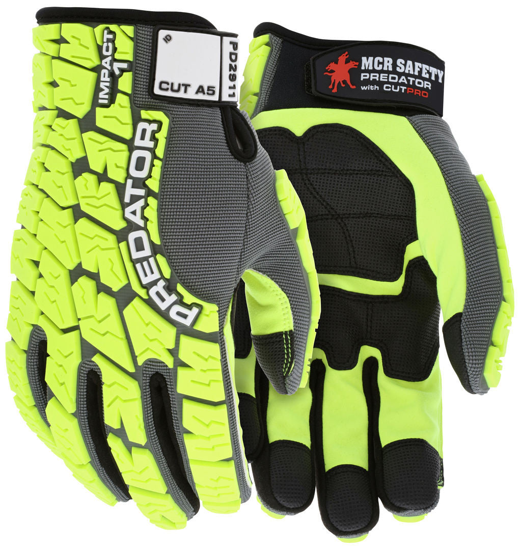 PD2911 - Predator® Mechanics Work Gloves - Impact Resistant Gloves - Synthetic Leather Palm - MAXGrid™ Palm and Fingers - Tire Tread Pattern TPR on Spandex Back - HyperMax® HPPE Cut Resistant Palm Liner - Grid Pattern Palm and Fingers for Grip