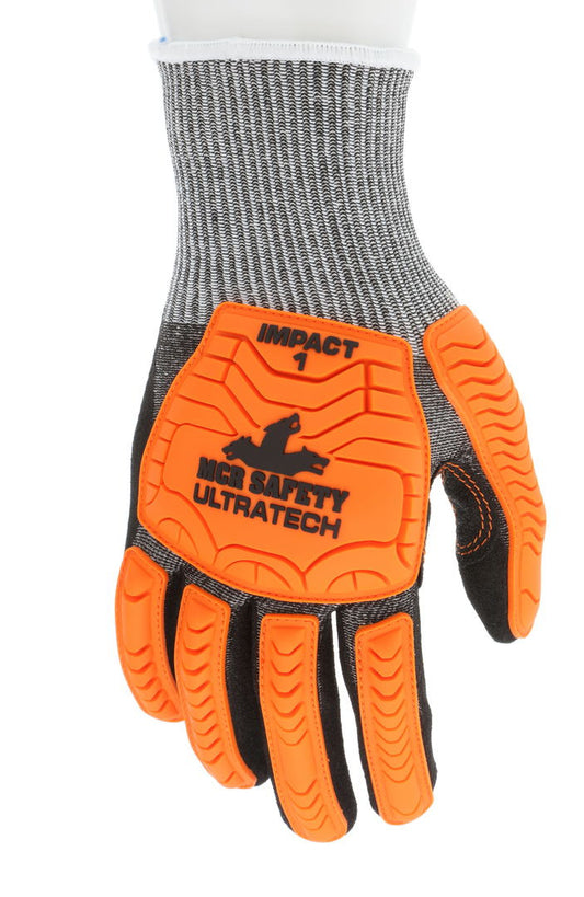 UT1952 - MCR Safety UltraTech® Mechanics Gloves - CutPro® UltraTech® - 13 Gauge HyperMax® HPPE Shell - Black Sandy Nitrile Foam Coated Palm - Hi-Vis Orange TPR Back Protects Hands from Impact