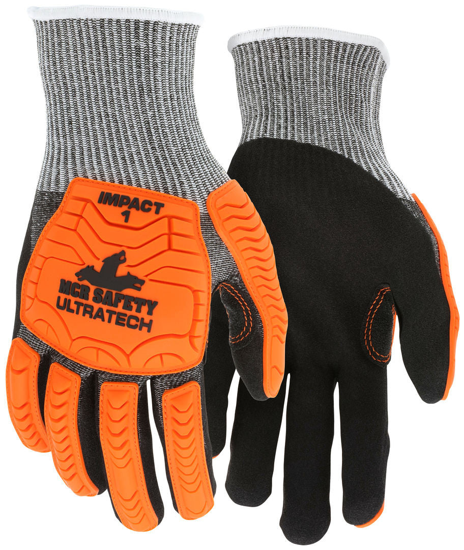 UT1952 - MCR Safety UltraTech® Mechanics Gloves - CutPro® UltraTech® - 13 Gauge HyperMax® HPPE Shell - Black Sandy Nitrile Foam Coated Palm - Hi-Vis Orange TPR Back Protects Hands from Impact