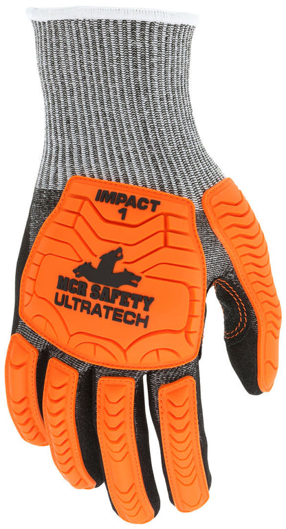 UT1952 - MCR Safety UltraTech® Mechanics Gloves - CutPro® UltraTech® - 13 Gauge HyperMax® HPPE Shell - Black Sandy Nitrile Foam Coated Palm - Hi-Vis Orange TPR Back Protects Hands from Impact