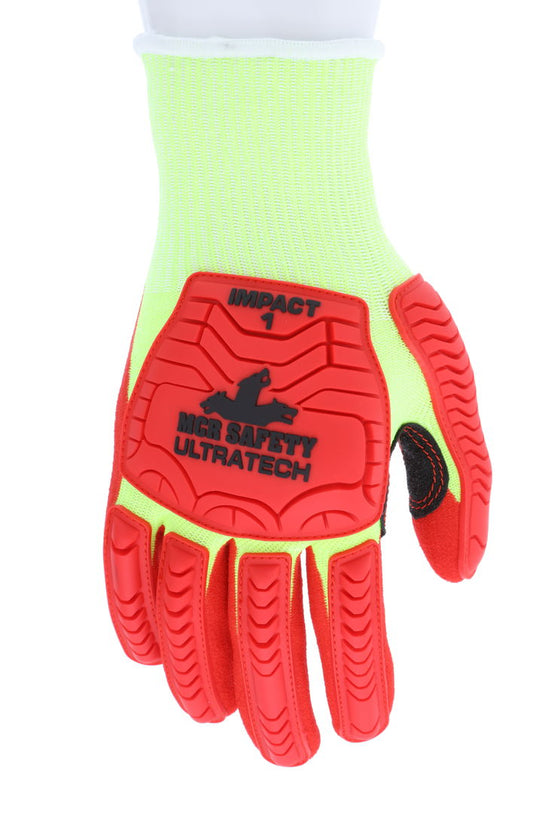 UT1953 - MCR Safety UltraTech® Mechanics Gloves - CutPro® UltraTech® - 13 Gauge Lime HyperMax® HPPE Shell - Red Sandy Nitrile Foam Coated Palm - Hi-Vis Red TPR Back Protects Hands from Impact