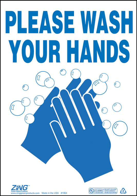 ZING Wash Hands Sign 10X7 Adhesive - image 1