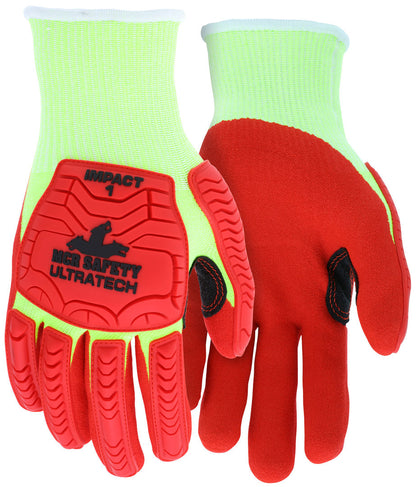 UT1953 - MCR Safety UltraTech® Mechanics Gloves - CutPro® UltraTech® - 13 Gauge Lime HyperMax® HPPE Shell - Red Sandy Nitrile Foam Coated Palm - Hi-Vis Red TPR Back Protects Hands from Impact