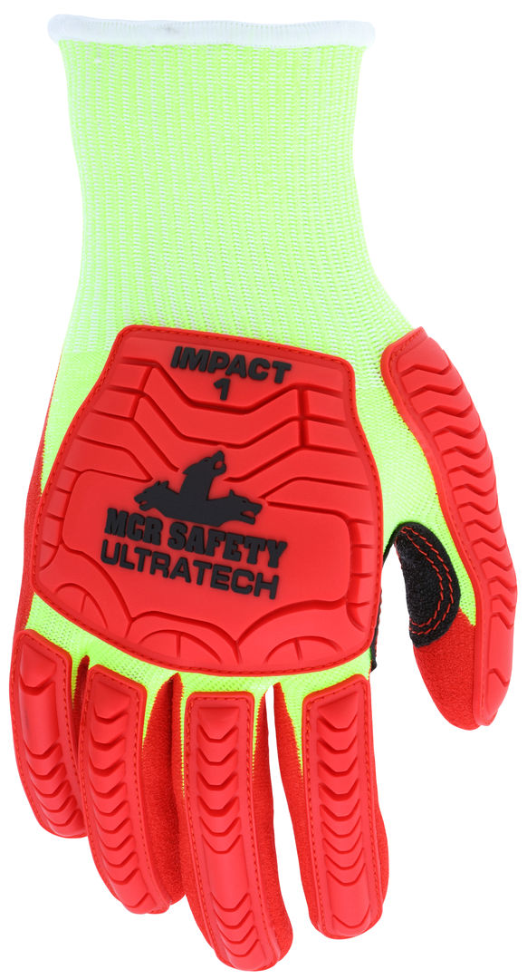 UT1953 - MCR Safety UltraTech® Mechanics Gloves - CutPro® UltraTech® - 13 Gauge Lime HyperMax® HPPE Shell - Red Sandy Nitrile Foam Coated Palm - Hi-Vis Red TPR Back Protects Hands from Impact