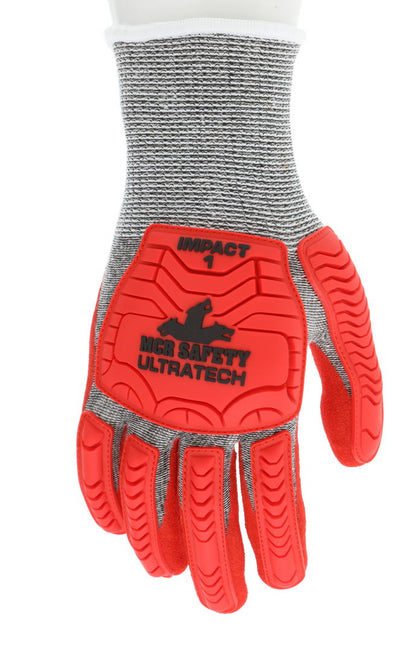 UT1954 - MCR Safety UltraTech® Mechanics Gloves - CutPro® UltraTech® - 13 Gauge HyperMax® HPPE Shell - Red Sandy Nitrile Foam Palm Coating - Hi-Vis Red TPR Back of Hand Protection