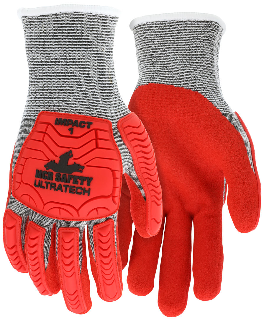 UT1954 - MCR Safety UltraTech® Mechanics Gloves - CutPro® UltraTech® - 13 Gauge HyperMax® HPPE Shell - Red Sandy Nitrile Foam Palm Coating - Hi-Vis Red TPR Back of Hand Protection