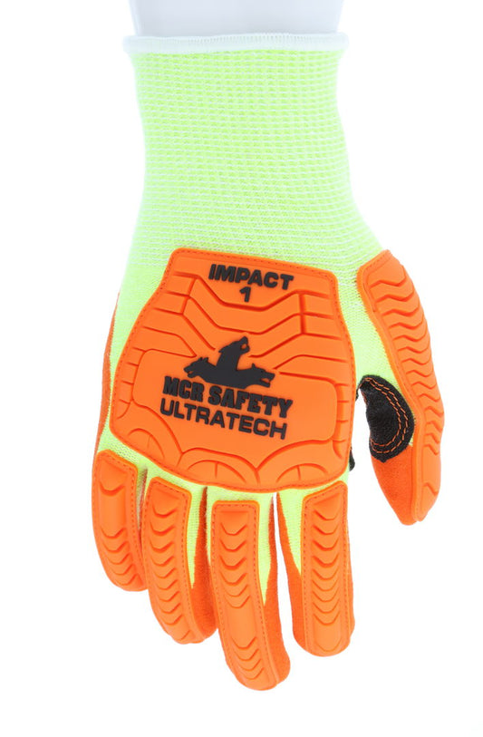 UT1955 - MCR Safety UltraTech® Mechanics Gloves - Cut Pro® UltraTech® - 13 Gauge Lime HyperMax® HPPE Shell - Orange Sandy Nitrile Foam Palm Coating - Hi-Vis TPR Back Protects Hands from Impact