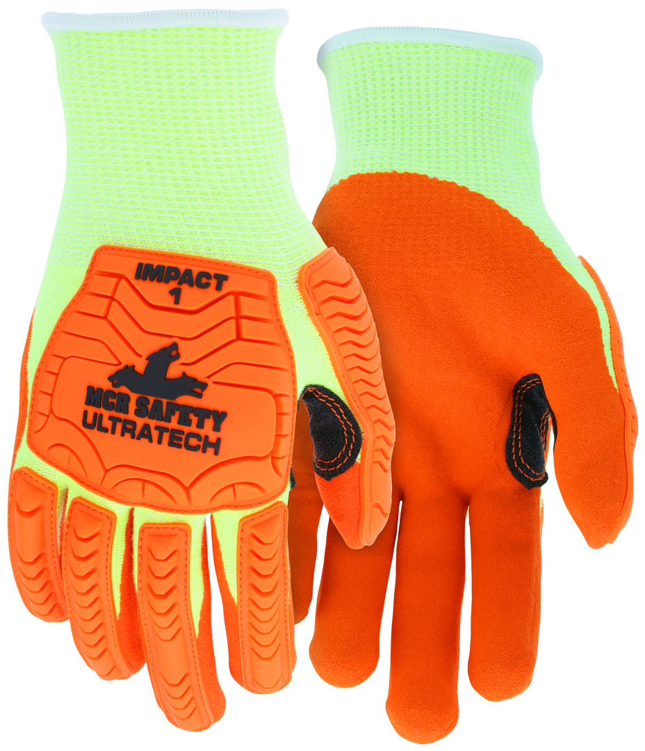 UT1955 - MCR Safety UltraTech® Mechanics Gloves - Cut Pro® UltraTech® - 13 Gauge Lime HyperMax® HPPE Shell - Orange Sandy Nitrile Foam Palm Coating - Hi-Vis TPR Back Protects Hands from Impact