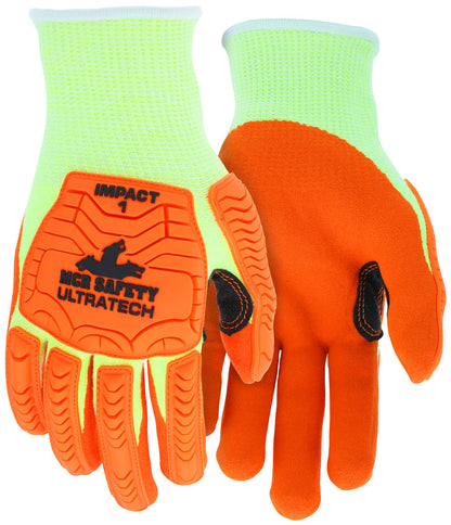 UT1955 - MCR Safety UltraTech® Mechanics Gloves - Cut Pro® UltraTech® - 13 Gauge Lime HyperMax® HPPE Shell - Orange Sandy Nitrile Foam Palm Coating - Hi-Vis TPR Back Protects Hands from Impact