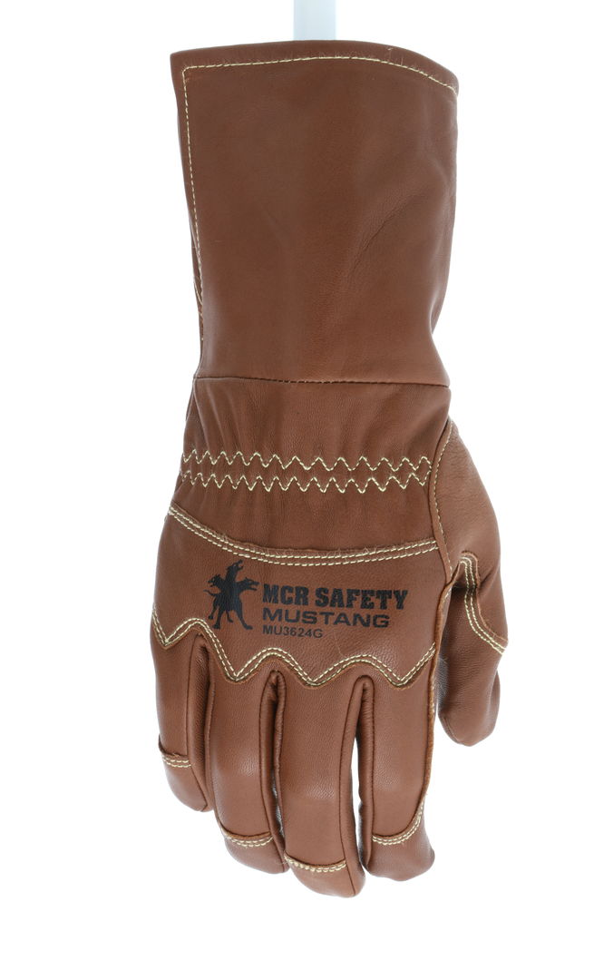 MU3624G - Mustang Leather Drivers Utility Work Gloves Grain Goat Double Palm, Unlined Sewn with DuPont™ Kevlar® Extended Gauntlet Cuff and Wing Thumb