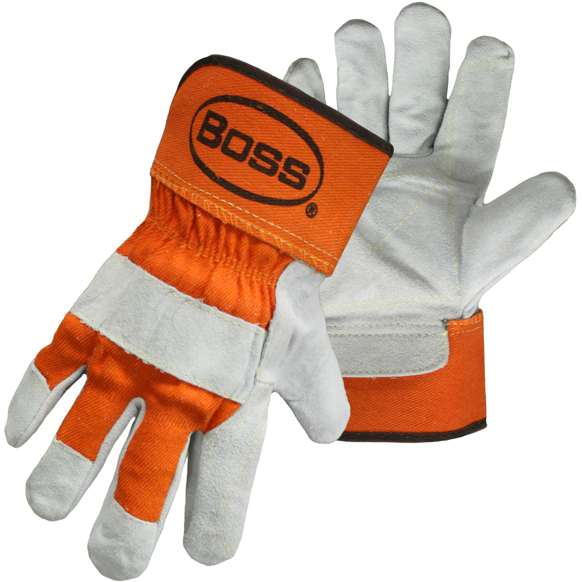 Boss 1JL2393 – Superior Grade Split Cowhide Leather Double Palm Glove with Canvas Back and Aramid Stitching - Rubberized Safety Cuff