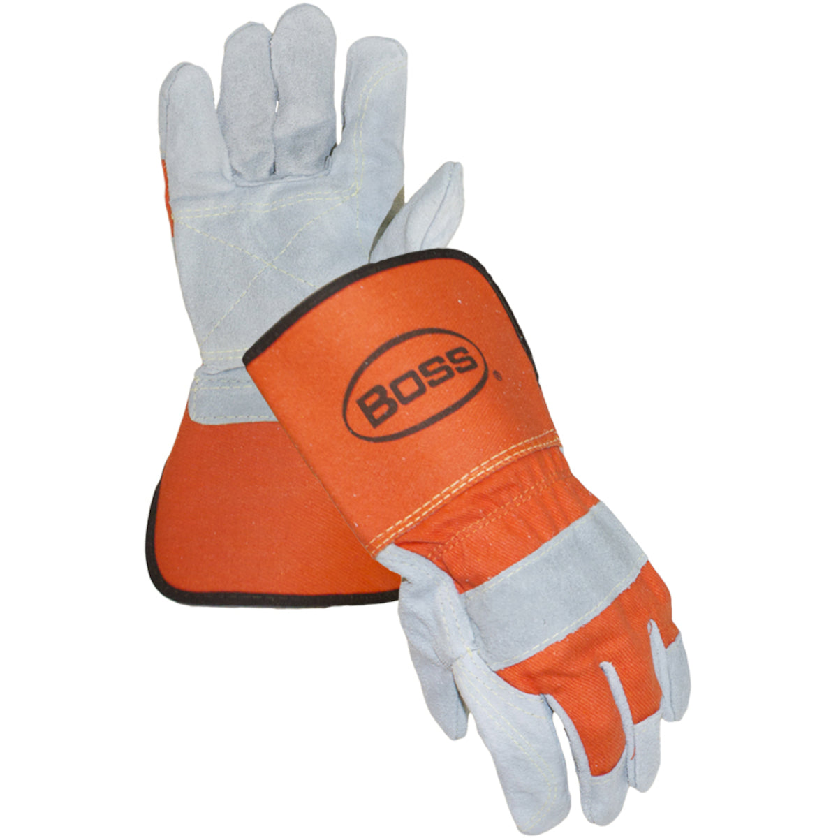 Boss 1JL2394 – Superior Grade Split Cowhide Leather Double Palm Glove with Canvas Back and Aramid Stitching - Rubberized Gauntlet Cuff