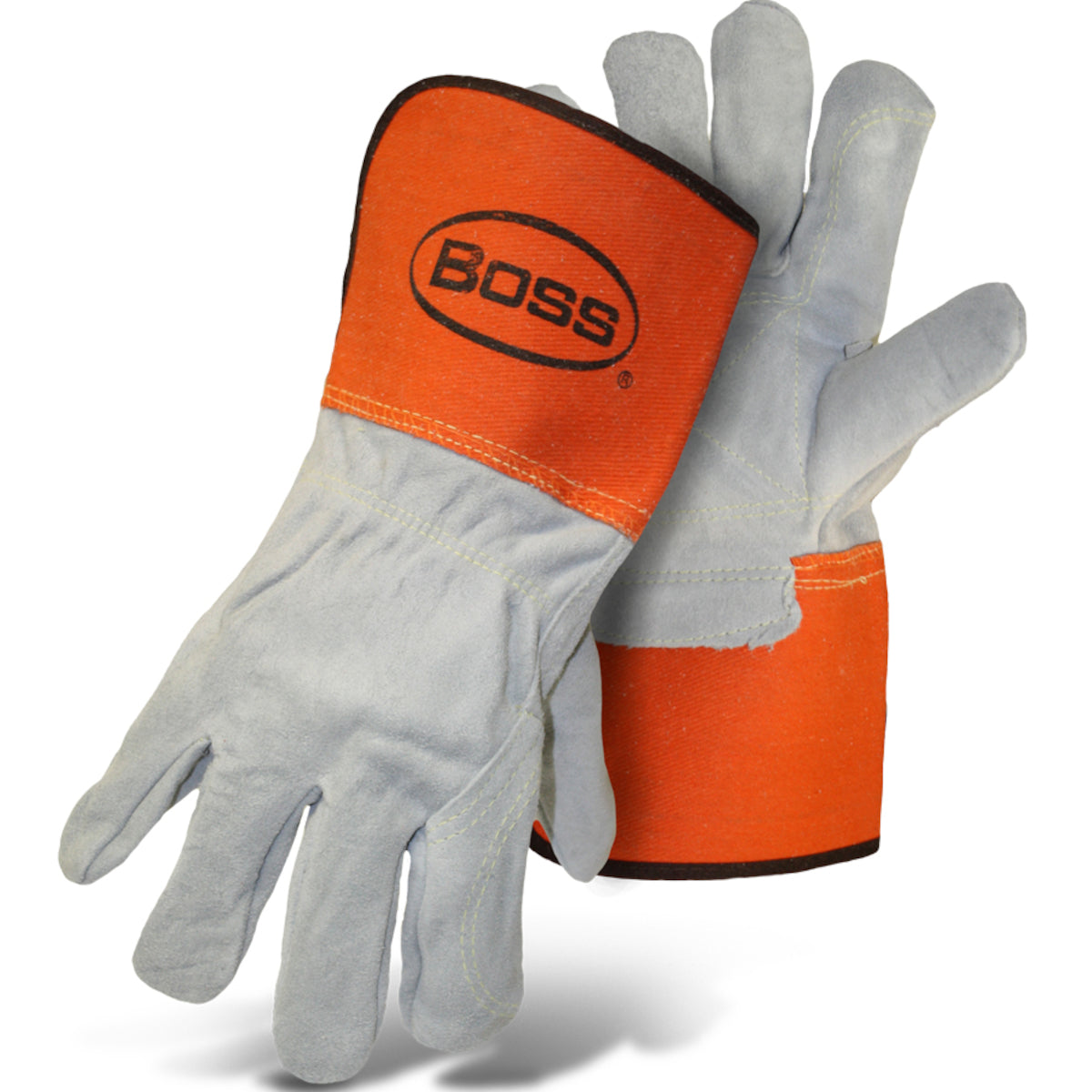 Boss 1JL2396 – Superior Grade Split Cowhide Leather Double Palm Glove with Full Leather Back and Aramid Stitching - Rubberized Gauntlet Cuff