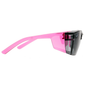 Pink wraparound safety glasses with smoke lenses, right side view