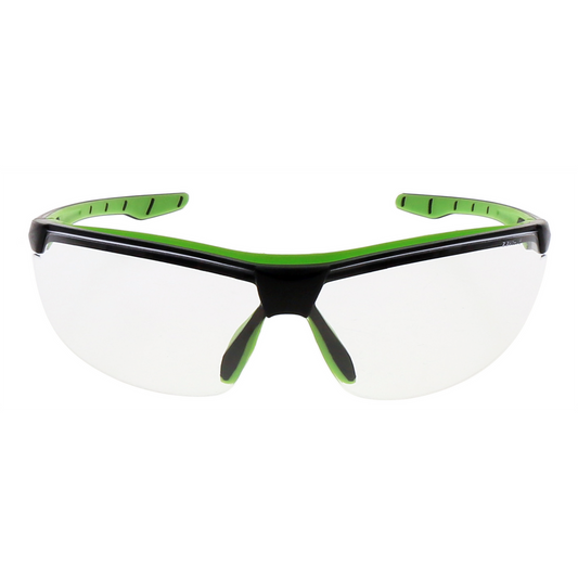 Safety glasses with clear lens and black frame with lime green accents, front view
