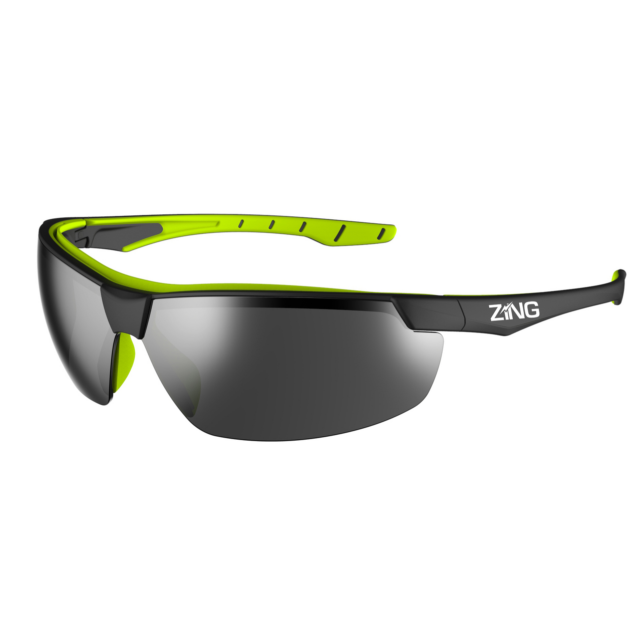 Safety glasses with dark tinted lens and black frame with lime green accents, angled view