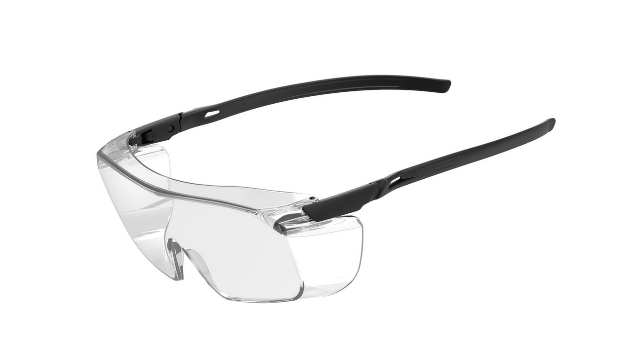 Clear lens frameless safety glasses with black temples, angled front view