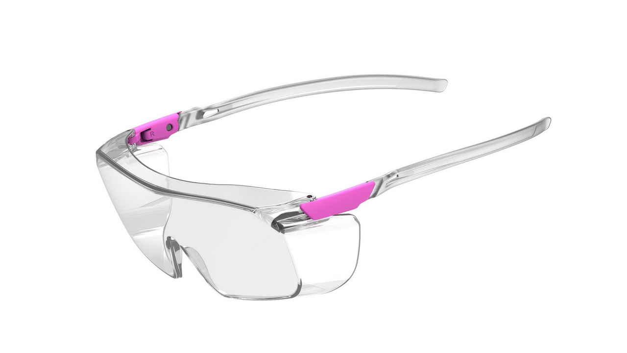 Clear lens frameless safety glasses with white and pink temples, angled front view