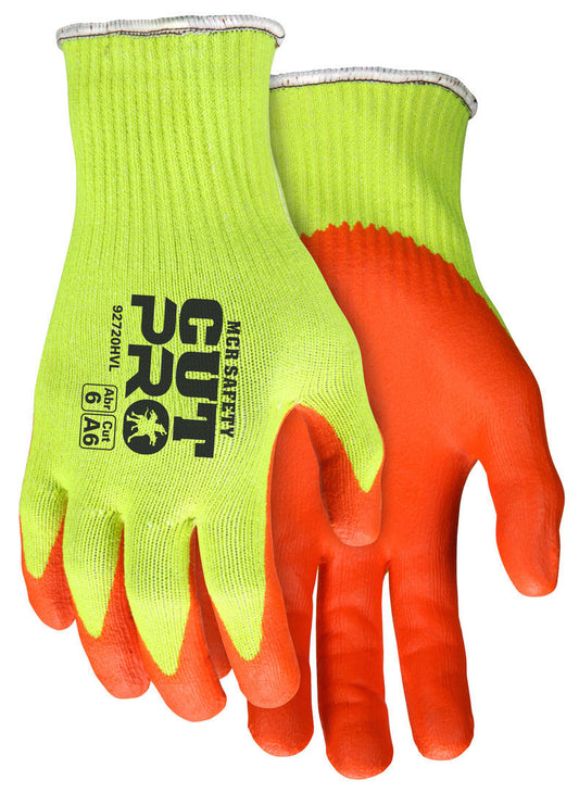 92720HV - MCR Safety CutPro® - 10 Gauge HyperMax® HPPE Shell - Cut, Abrasion and Puncture Resistant Work Gloves - Nitrile Foam Coated Palm and Fingertips - Hi-Visibility Lime Shell with Contrasting Hi-Vis Orange Nitrile Coated Palm