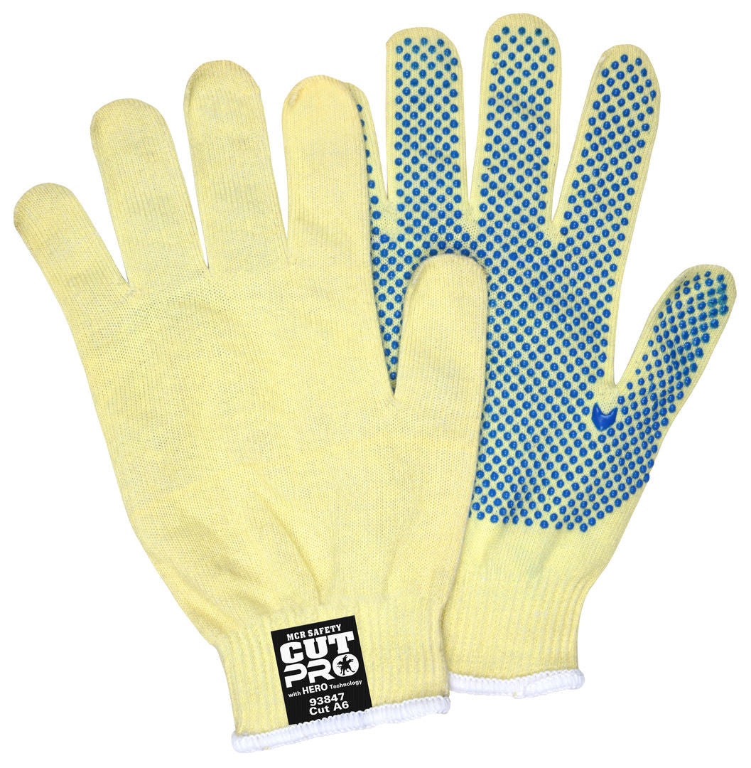93847 - MCR Safety CutPro® with Hero™ Technology - 13 Gauge Regular Weight Shell - Made with ARX® Aramid Fibers - PVC Dotted Palm - Cut Resistant Work Gloves - PVC Dotted Palm aids with Abrasion and Grip