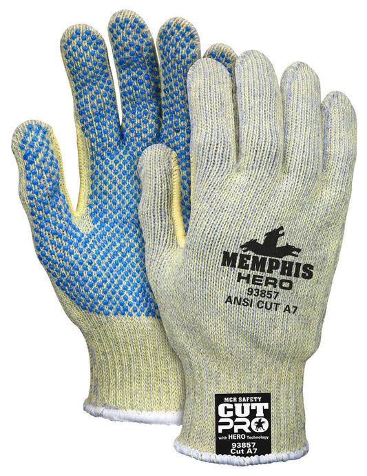 93857 - MCR Safety CutPro® with Hero™ Technology - 7 Gauge Regular Weight Shell - Made with ARX® Aramid Fibers - PVC Dotted Palm - Cut Resistant Work Gloves - PVC Dots add Abrasion Resistance and Gripping Power