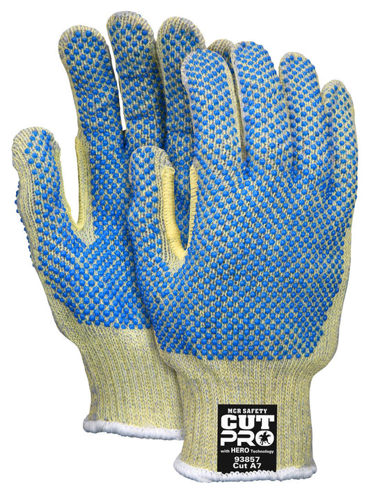 93859 - MCR Safety CutPro® with Hero™ Technology - 7 Gauge Regular Weight Shell - Made with ARX® Aramid Fibers - PVC Dotted Back and Palm - Cut Resistant Work Gloves - PVC Dots add Abrasion Resistance and Gripping Power
