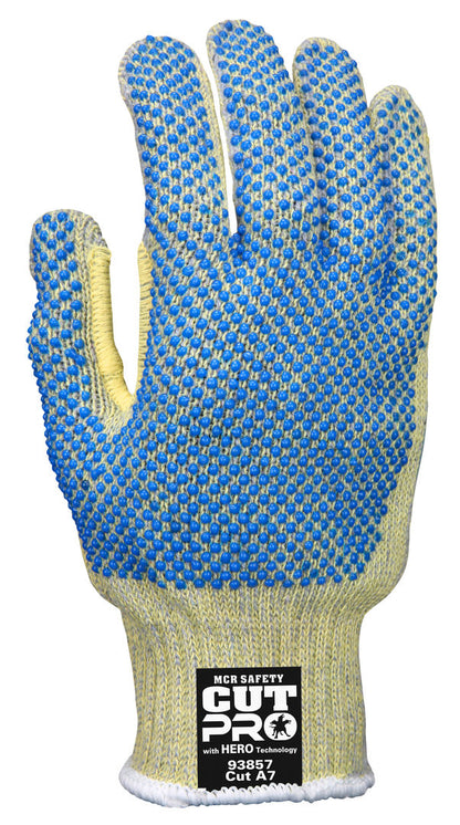 93859 - MCR Safety CutPro® with Hero™ Technology - 7 Gauge Regular Weight Shell - Made with ARX® Aramid Fibers - PVC Dotted Back and Palm - Cut Resistant Work Gloves - PVC Dots add Abrasion Resistance and Gripping Power